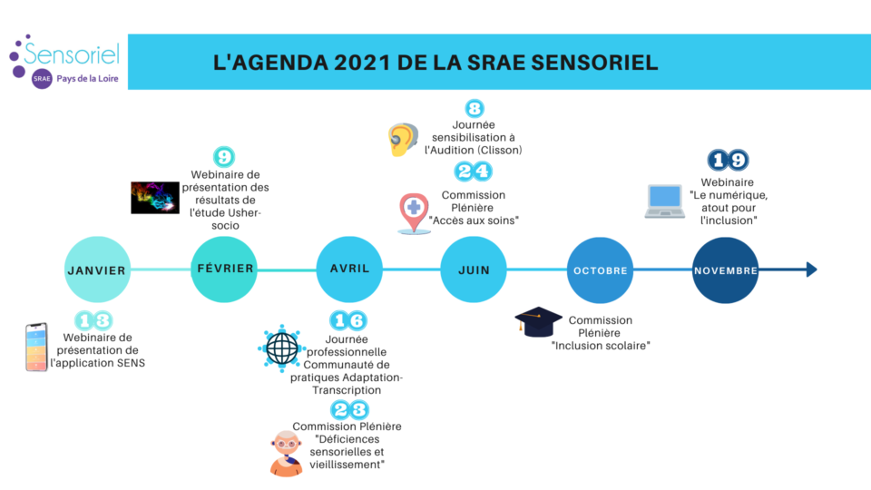 13 janvier : Webinaire de présentation de l'application SENS / 9 février : Webinaire de présentation des résultats de l'étude Usher-socio / 16 avril : Journée professionnelle Communauté de pratiques Adaptation-transcription / 23 avril : Commission Plénière "Déficiences sensorielles et vieillissement" / 8 juin : Journée sensibilisation à l'Audition (Clisson) / 24 juin : Commission Plénière "Accès aux soins" / Octobre : Commission Plénière "Inclusion scolaire" / 19 Novembre : Webinaire "Le numérique atout pour l'inclusion"
