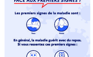 Les premiers signes de la maladie sont : toux et fièvre. En général, la maladie guérit avec du repos. Si vous ressentez ces premiers signes : Restez chez vous et limitez les contacts avec d’autres personnes, N’allez pas directement chez votre médecin, appelez-le avant ou contactez le numéro de la permanence de soins de votre région - Vous avez des questions sur le coronavirus ? 0800130000 (appel gratuit) ou gouvernement.fr/info-coronavirus