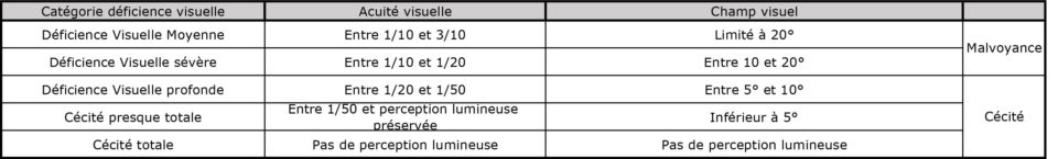 Malvoyance : - Déficience Visuelle Moyenne = entre 1/10 et 3/10 et champ visuel limité à 20 degré - Déficience Visuelle Sévère = entre 1/10 et 1/20 et champ visuel entre 10 et 20 degrés Cécité : - Déficience Visuelle profonde = entre 1/20 et 1/50 et champ visuel entre 5 et 10 degré - Cécité presque totale = entre 1/50 et perception lumineuse préservée et champ visuel inférieur à 5 degrés - Cécité totale = pas de perception lumineuse